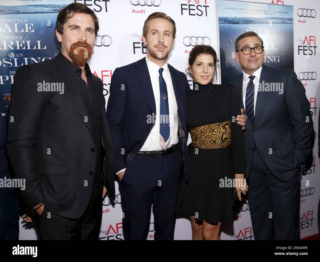Cast members (L-R) Christian Bale, Ryan Gosling, Marisa Tomei and Steve  Carell pose at the premiere of 