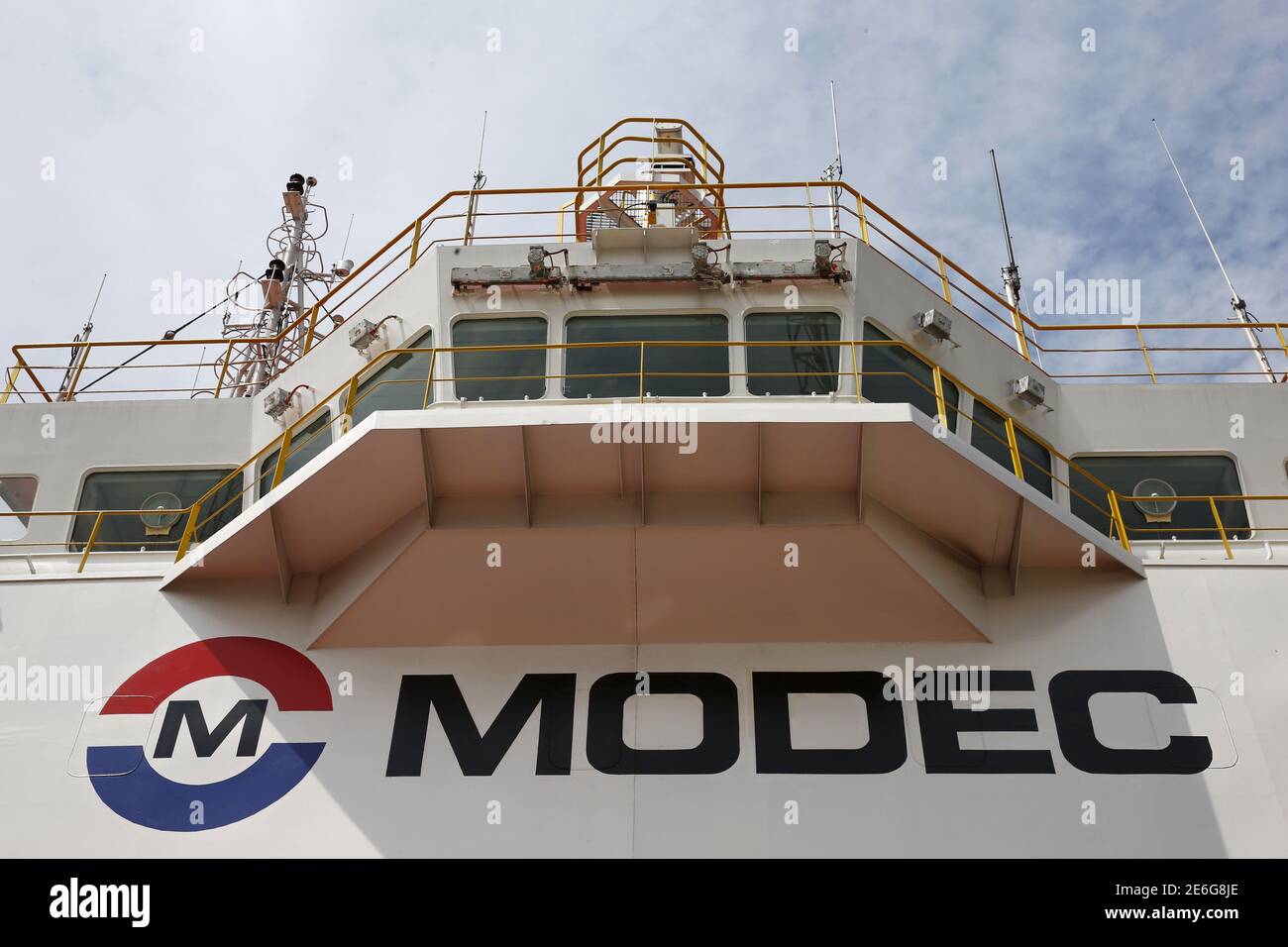 A Modec logo is pictured onboard Tullow Oil's newly completed Floating Production, Storage and Offloading vessel (FPSO) Prof. John Evans Atta Mills at Sembcorp Marine's Jurong Shipyard in Singapore January 20, 2016. Amid one of the deepest oil price crashes in history, Britain's Tullow Oil is sending one of the world's biggest floating deep-water oil production platforms to West Africa to pump crude for at least 20 years. Picture taken January 20, 2016.   REUTERS/Edgar Su Stock Photo
