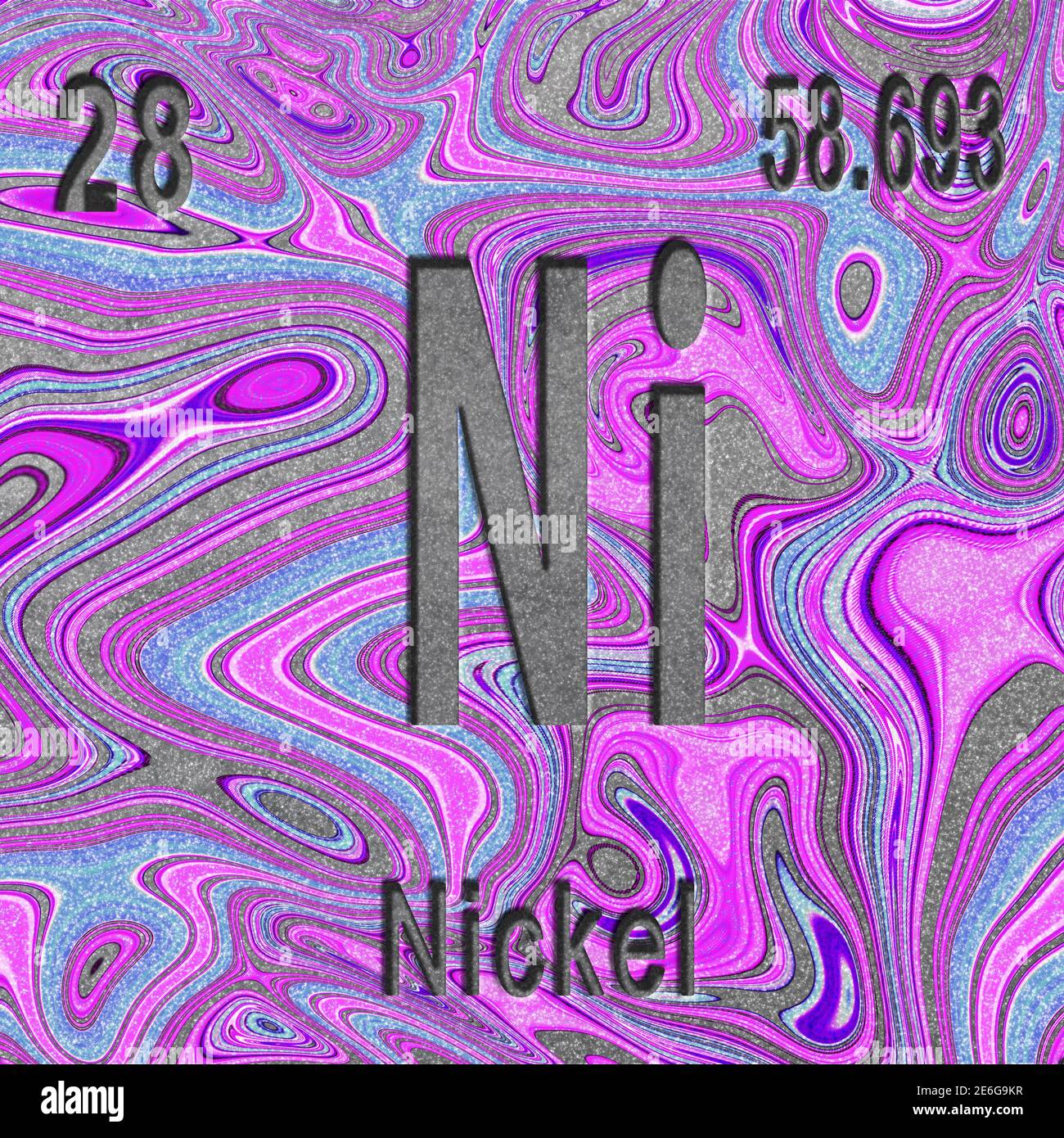 Nickel chemical element, Sign with atomic number and atomic weight, purple background, Periodic