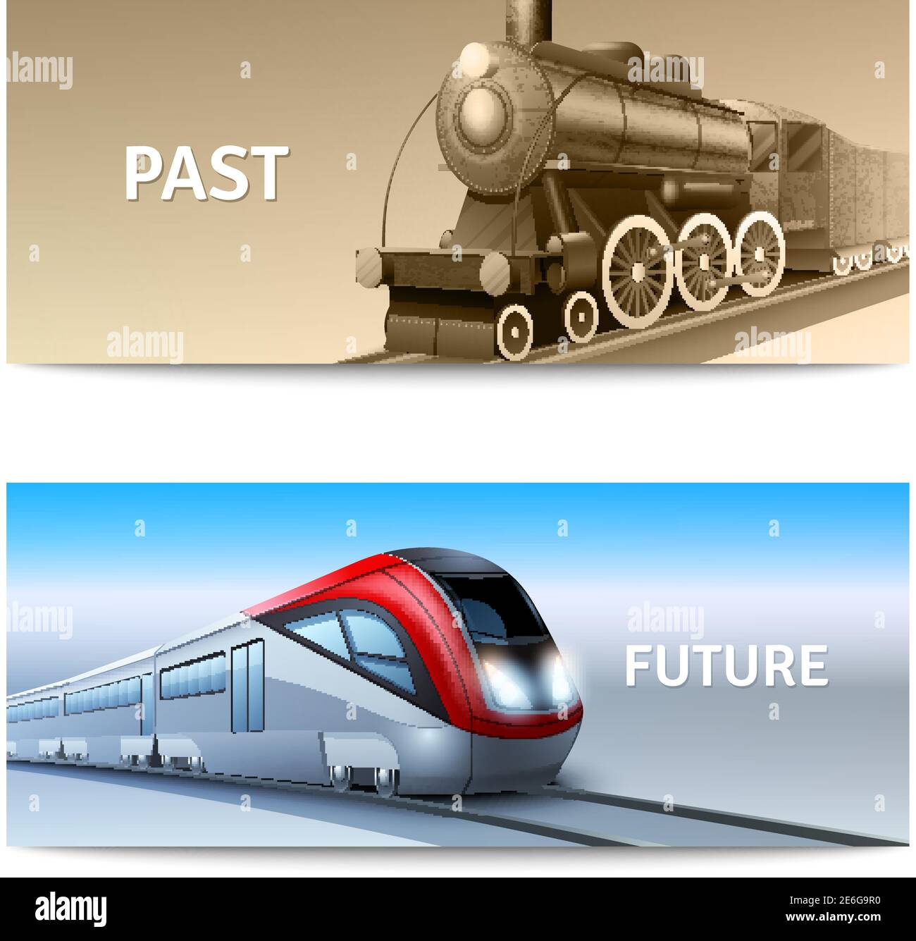 Modern and retro train locomotives horizontal banner set isolated vector illustration Stock Vector