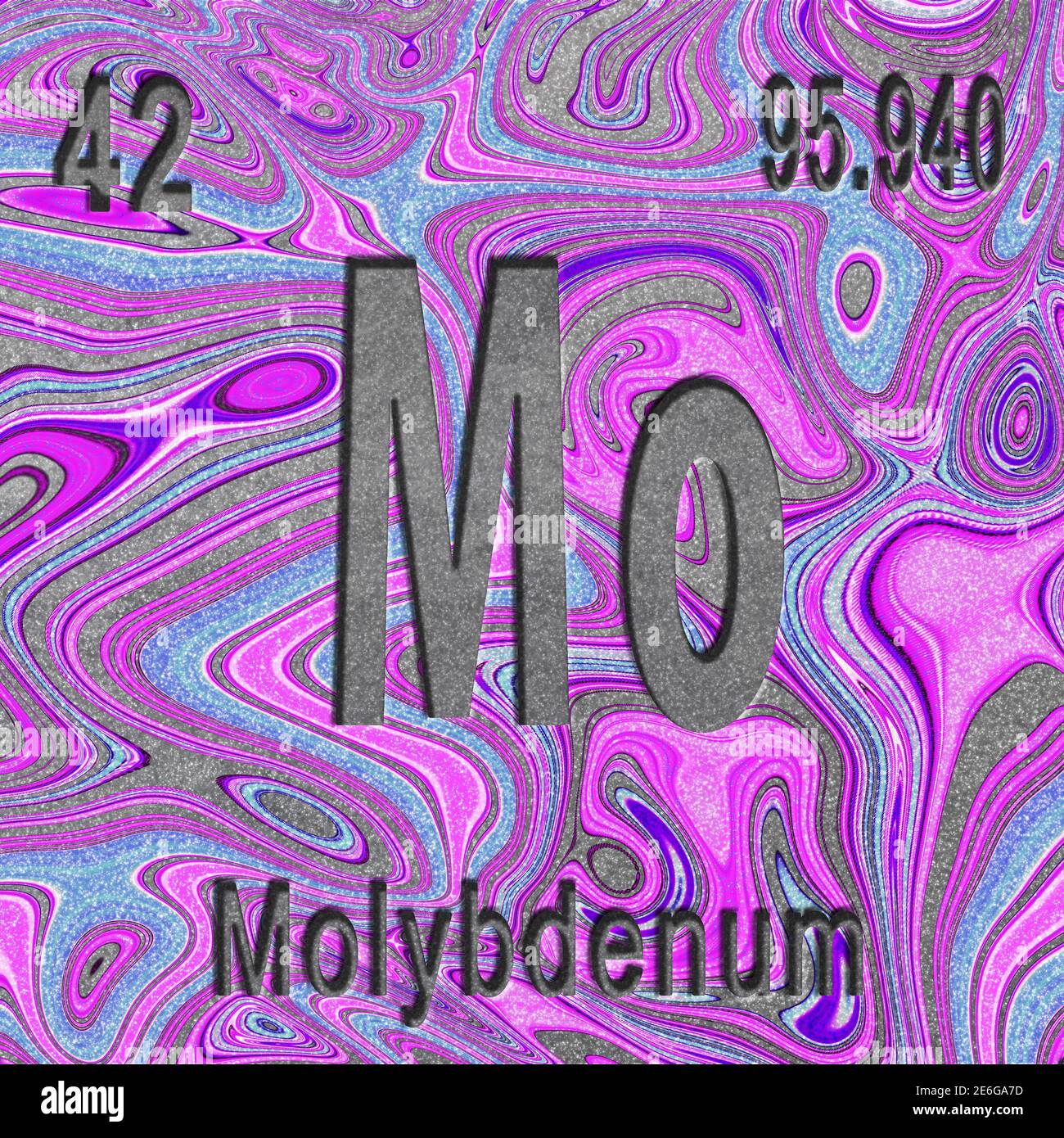 Molybdenum chemical element, Sign with atomic number and atomic weight, purple background, Periodic Table Element Stock Photo