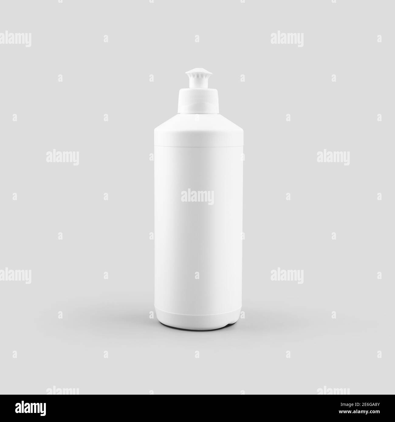 Mockup of white plastic bottle with push-pull for liquid detergent, dishwasher isolated on background. Container template with soap, antiseptic, for r Stock Photo