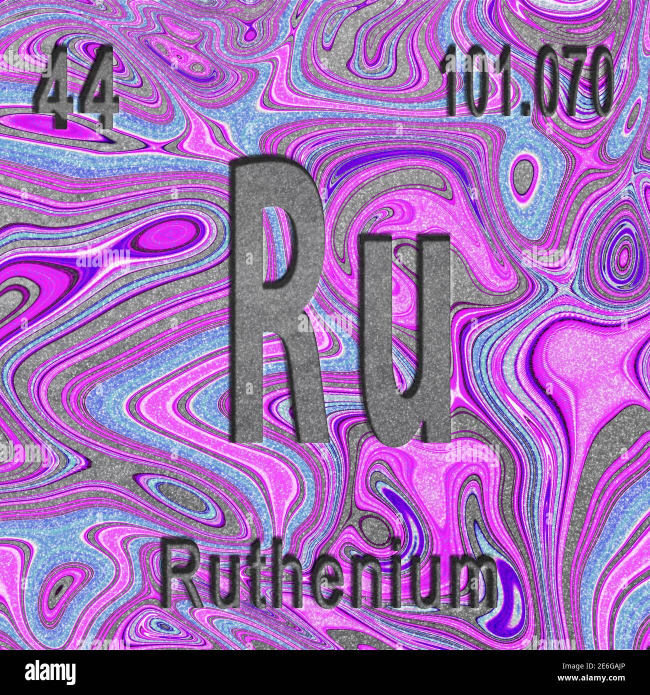 Ruthenium chemical element, Sign with atomic number and atomic weight, purple background, Periodic Table Element Stock Photo