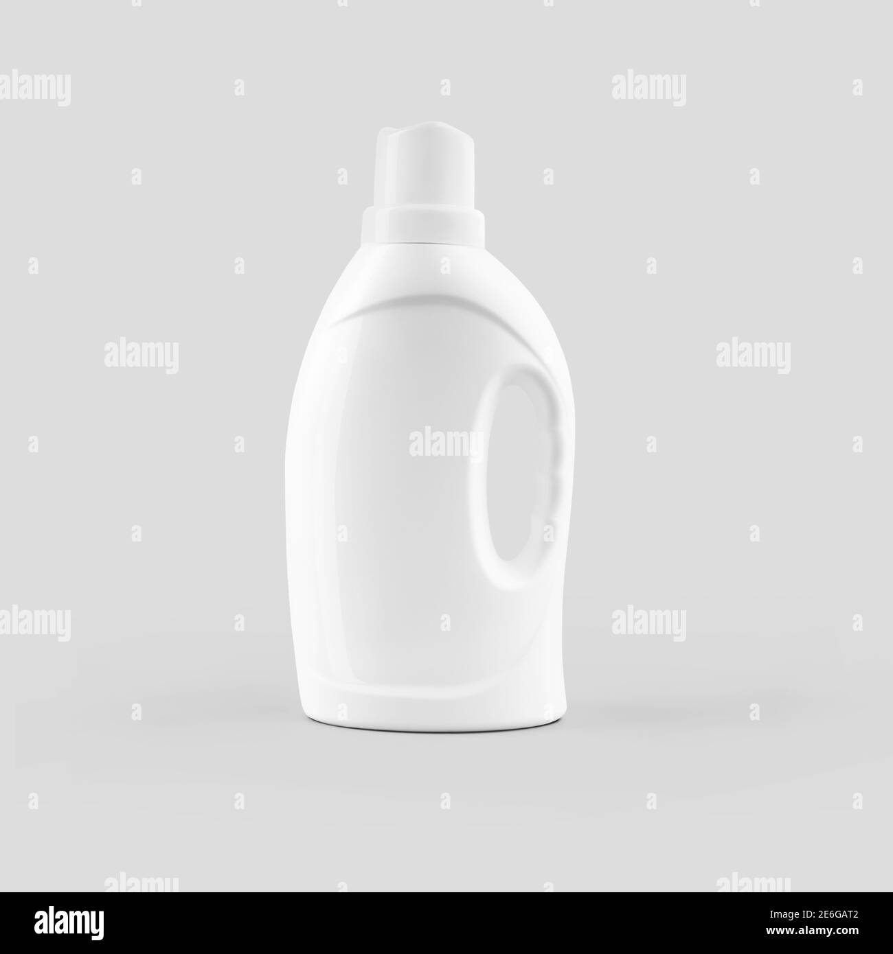 Mockup of a white plastic bottle with a handle, with a lid, for liquid powder, gel, for design presentation. Detergent packaging template, isolated on Stock Photo