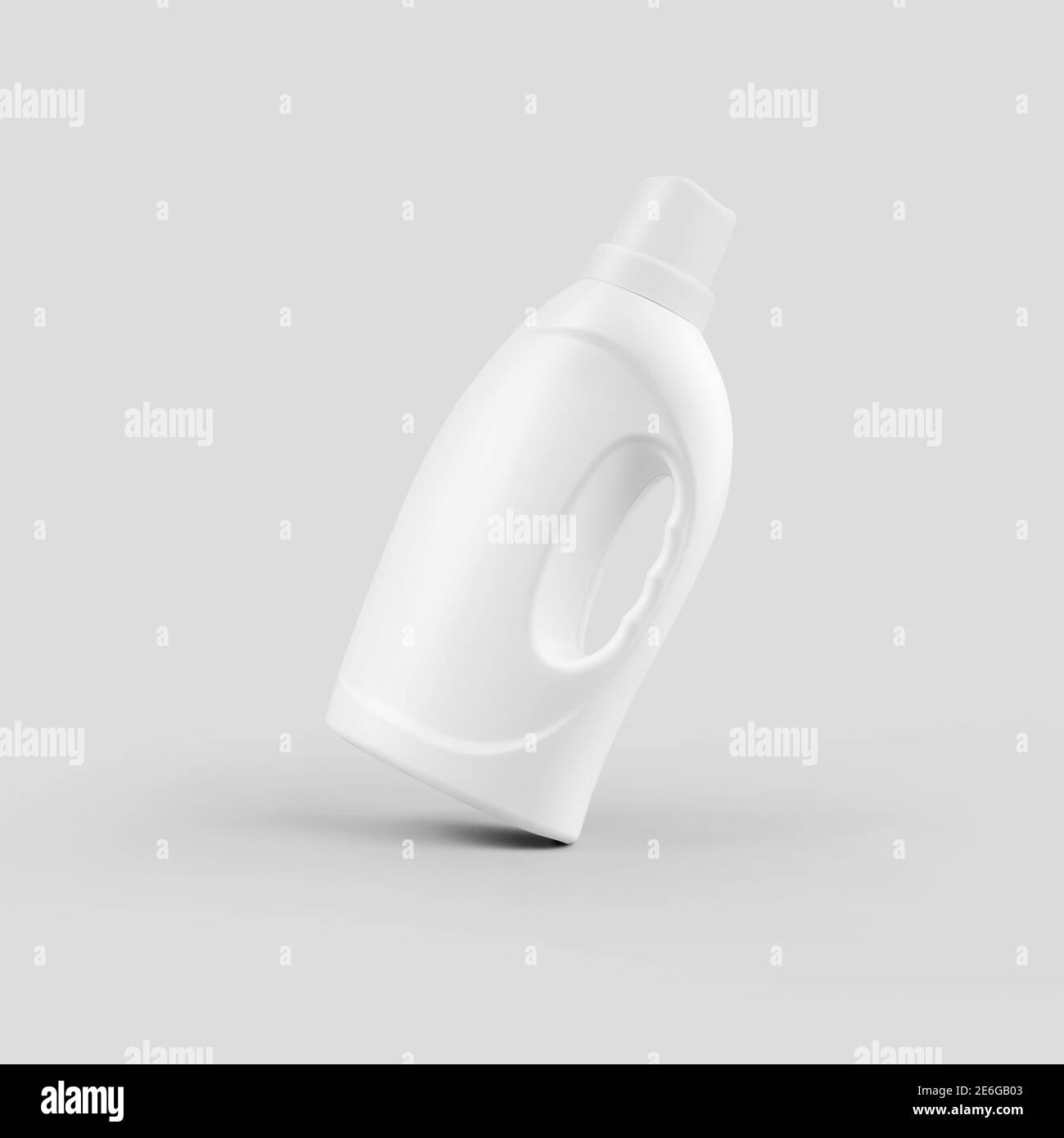 Template of plastic white container for liquid powder, detergent, gel, bottle with handle Isolated on background. Mockup packaging for shampoo; dishwa Stock Photo