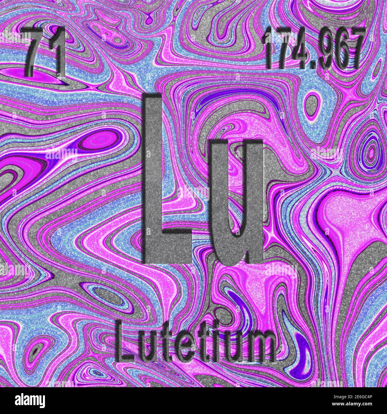 Lutetium chemical element, Sign with atomic number and atomic weight, purple background, Periodic Table Element Stock Photo