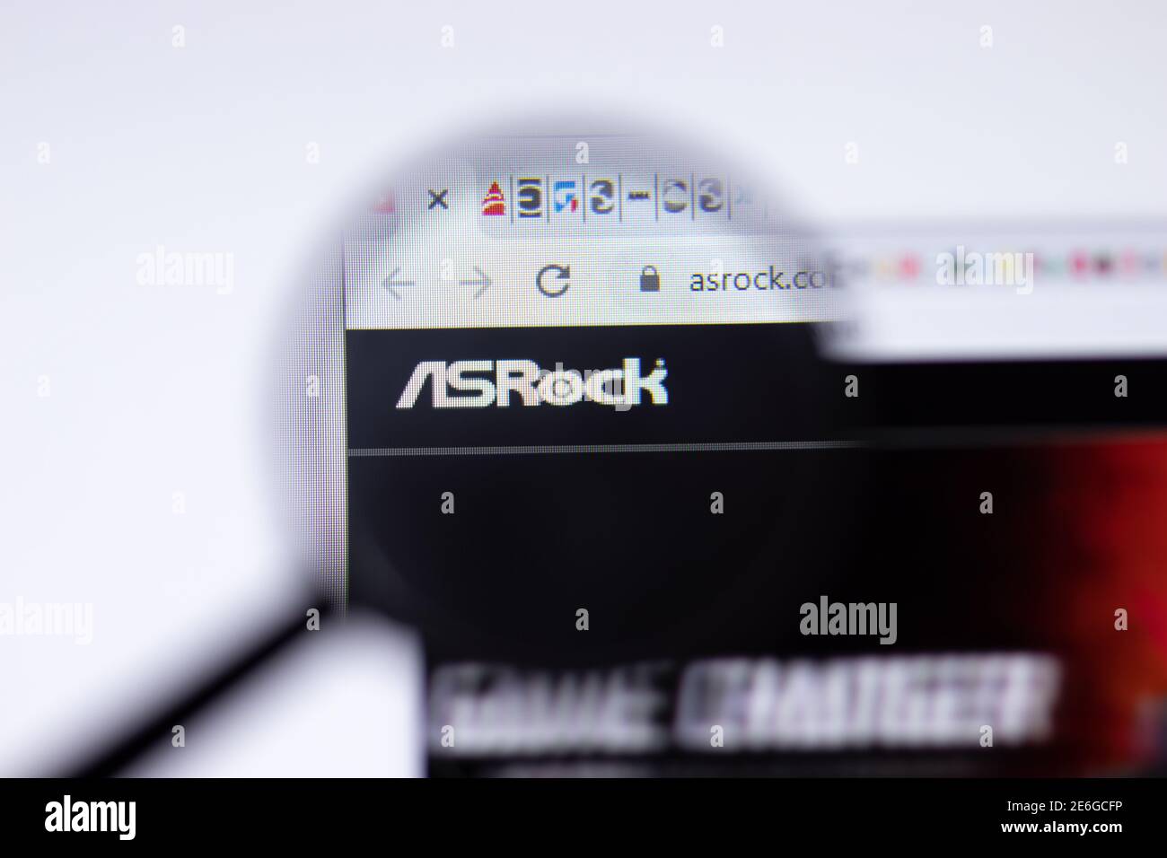 Saint Petersburg, Russia - 28 January 2021: ASRock website page with logo close-up, Illustrative Editorial Stock Photo