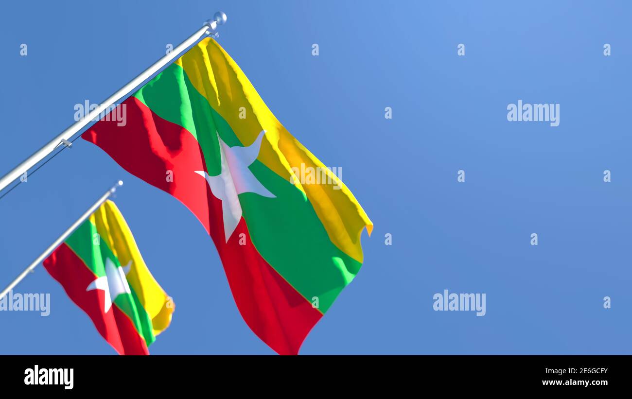 3D rendering of the national flag of Myanmar waving in the wind Stock ...