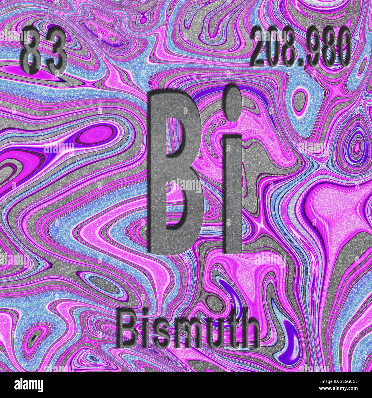 Bismuth chemical element, Sign with atomic number and atomic weight, purple background, Periodic Table Element Stock Photo