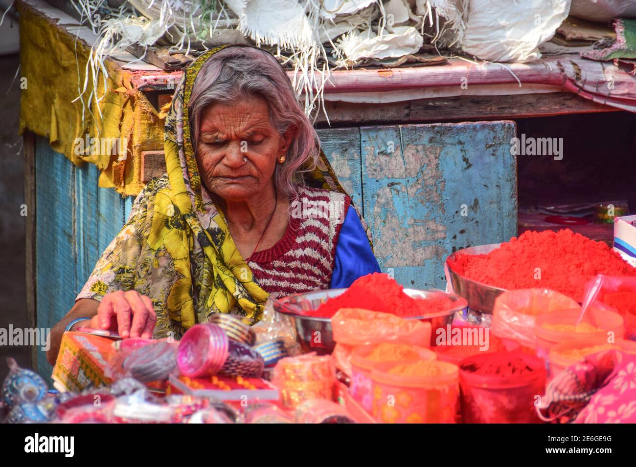 Elderly Indian Lady, Indian Street Market, Varanasi, India Stock Photo