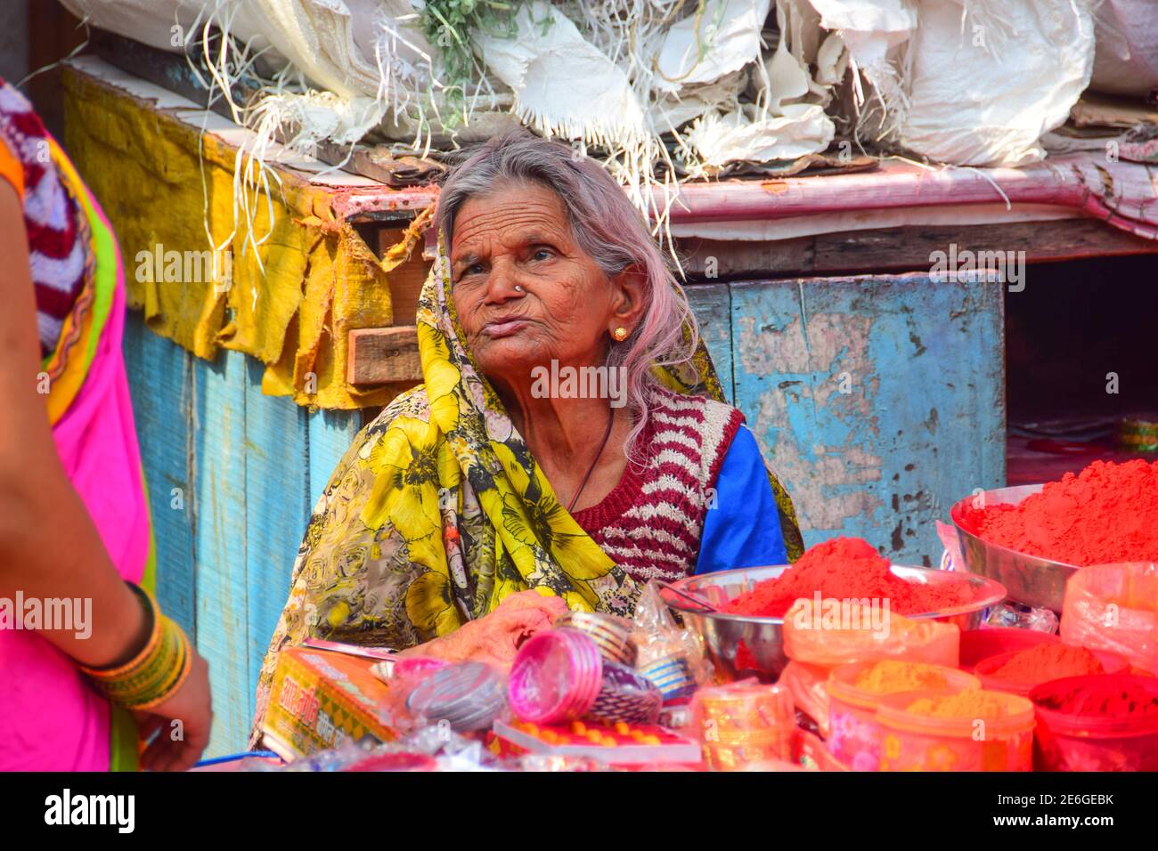 Elderly Indian Lady, Indian Street Market, Varanasi, India Stock Photo