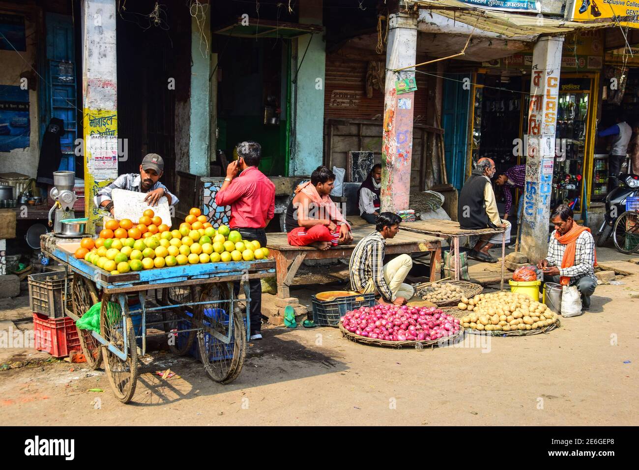 Indian Street Food Market, Varanasi, India Stock Photo