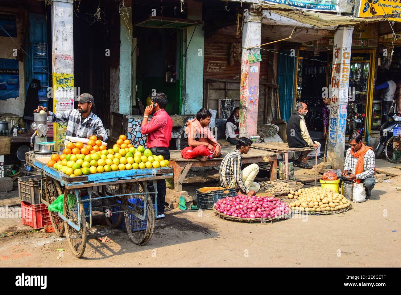 Indian Street Food Market, Varanasi, India Stock Photo