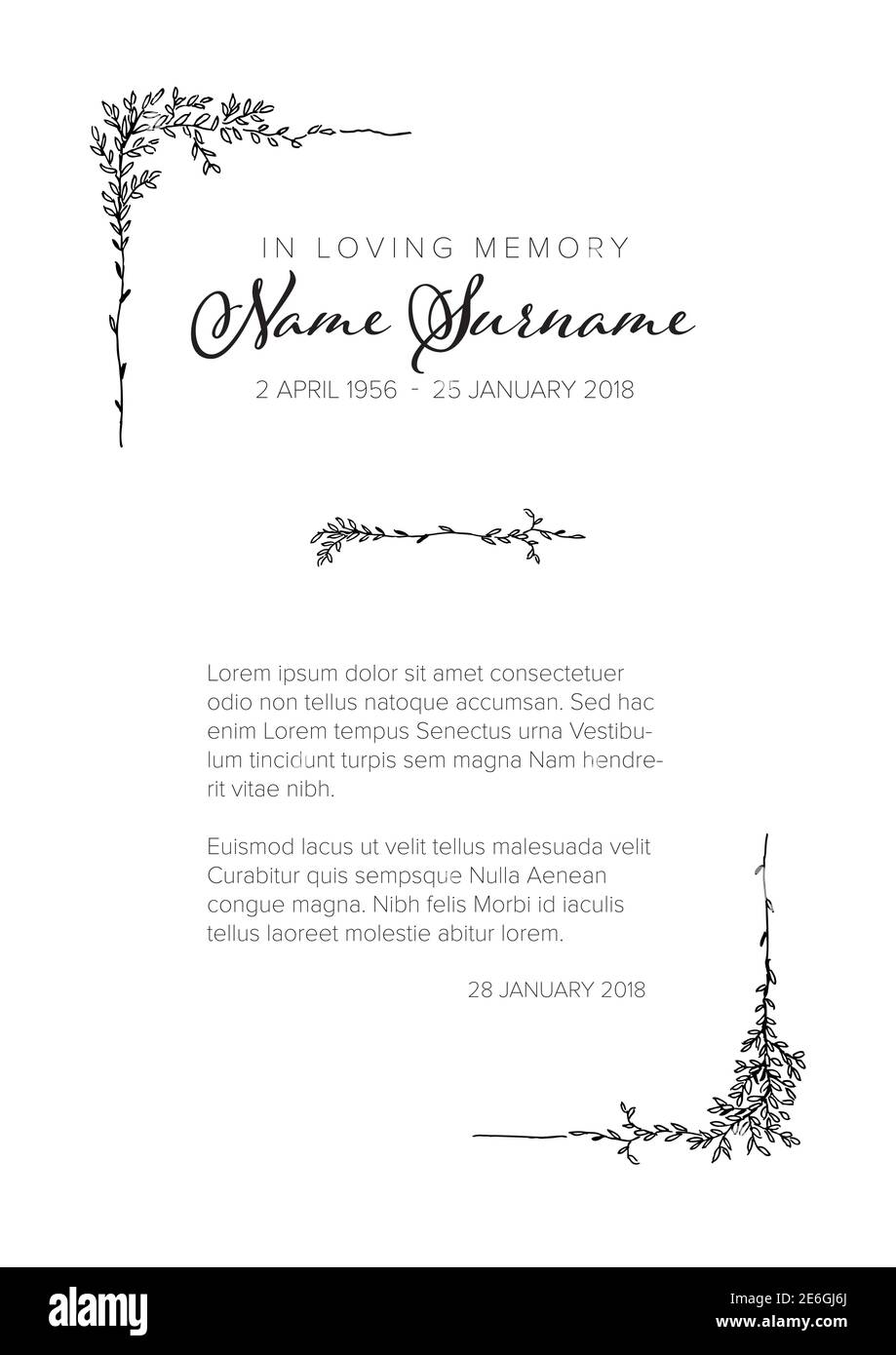 Funeral condolence death notice card template with handdrawn floral