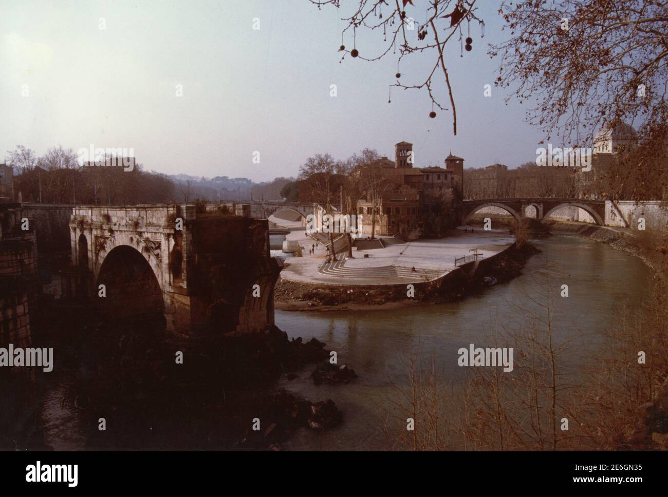 Aerial view of Tiberina Island and Tiber river, Rome, Italy 1990s Stock ...