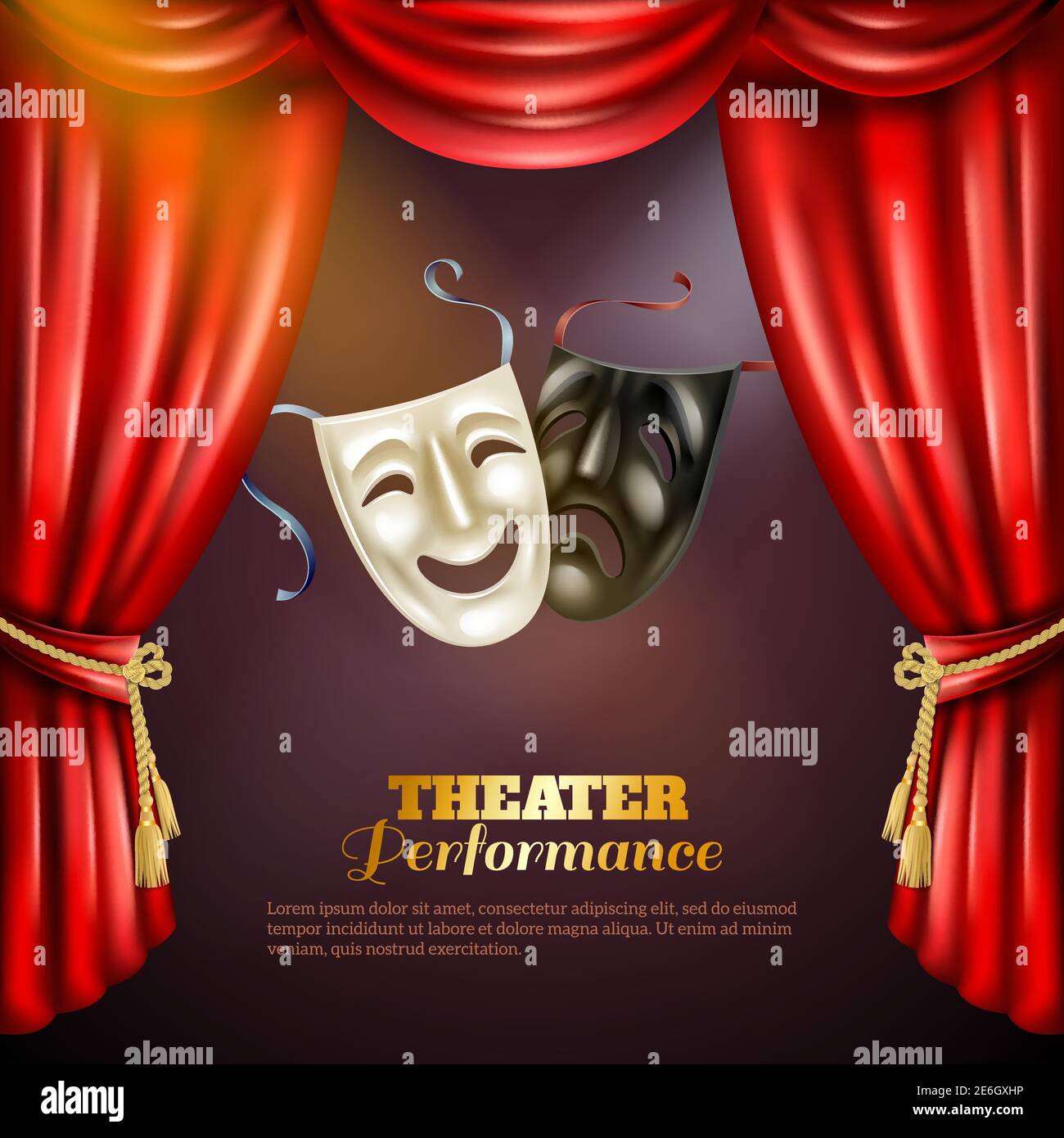 Theatre performance realistic background with comedy and tragedy masks vector illustration Stock Vector