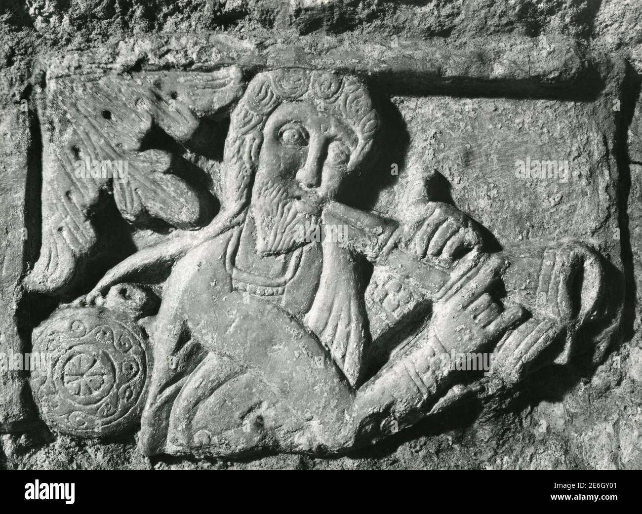 Bagpipe player, Bizantine art marble carving, Saint Antioco's catacomb, Sardinia, Italy 1921 Stock Photo