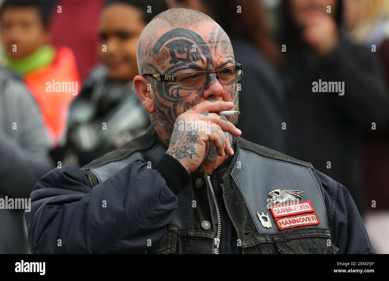 A members of the Hells Angels attends the funeral of Aygun Mucuk, shot president of the Giessen chapter of the Hells Angels in Giessen, Germany, October 12, 2016.  REUTERS/Kai Pfaffenbach Stock Photo