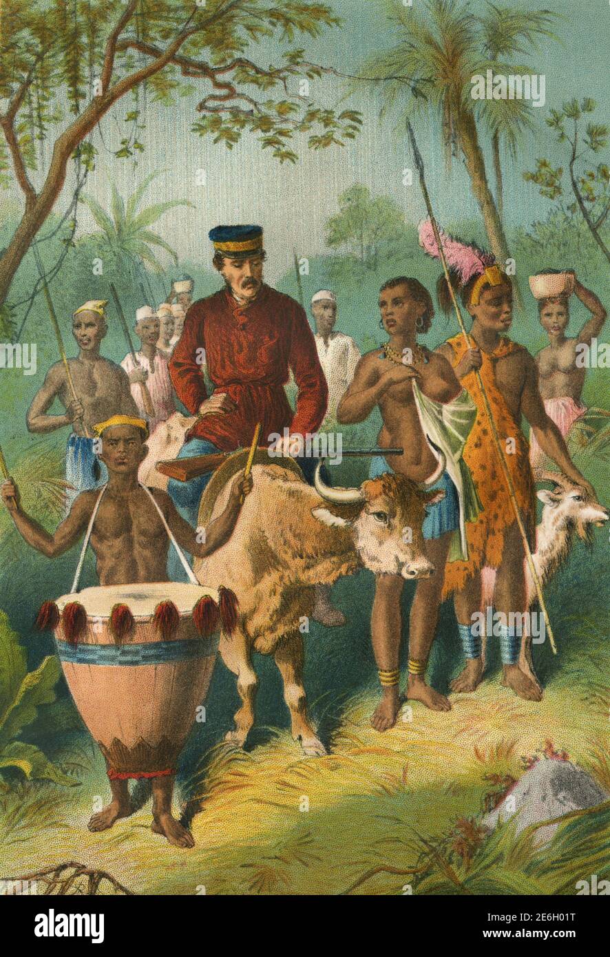 Dr. Livingstone weak from fever escorted to shinte's town, print Stock