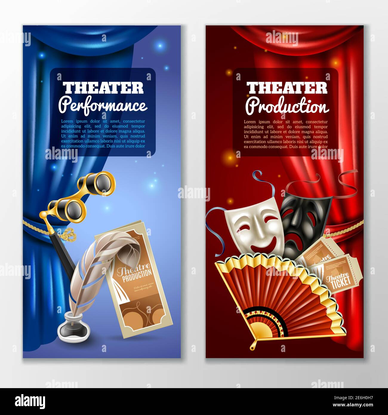 Theatre realistic vertical banners set with performance and production symbols isolated vector illustration Stock Vector