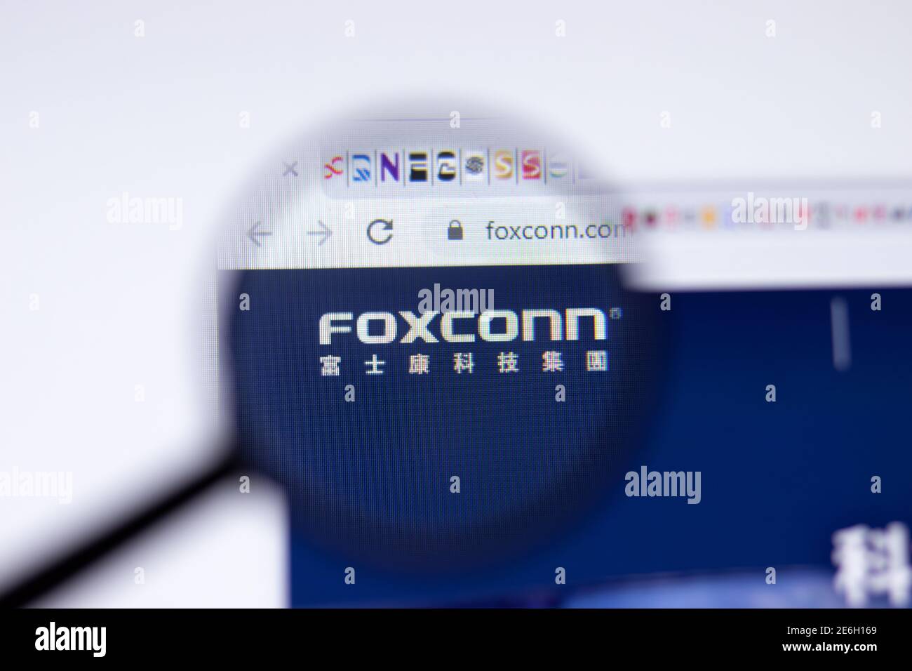 Saint Petersburg, Russia - 28 January 2021: Foxconn website page with logo close-up, Illustrative Editorial Stock Photo