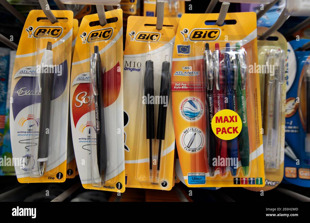 Pens made by BIC are seen on racks at a Carrefour hypermarket in Nice,  France, April 6, 2016. REUTERS/Eric Gaillard Stock Photo - Alamy