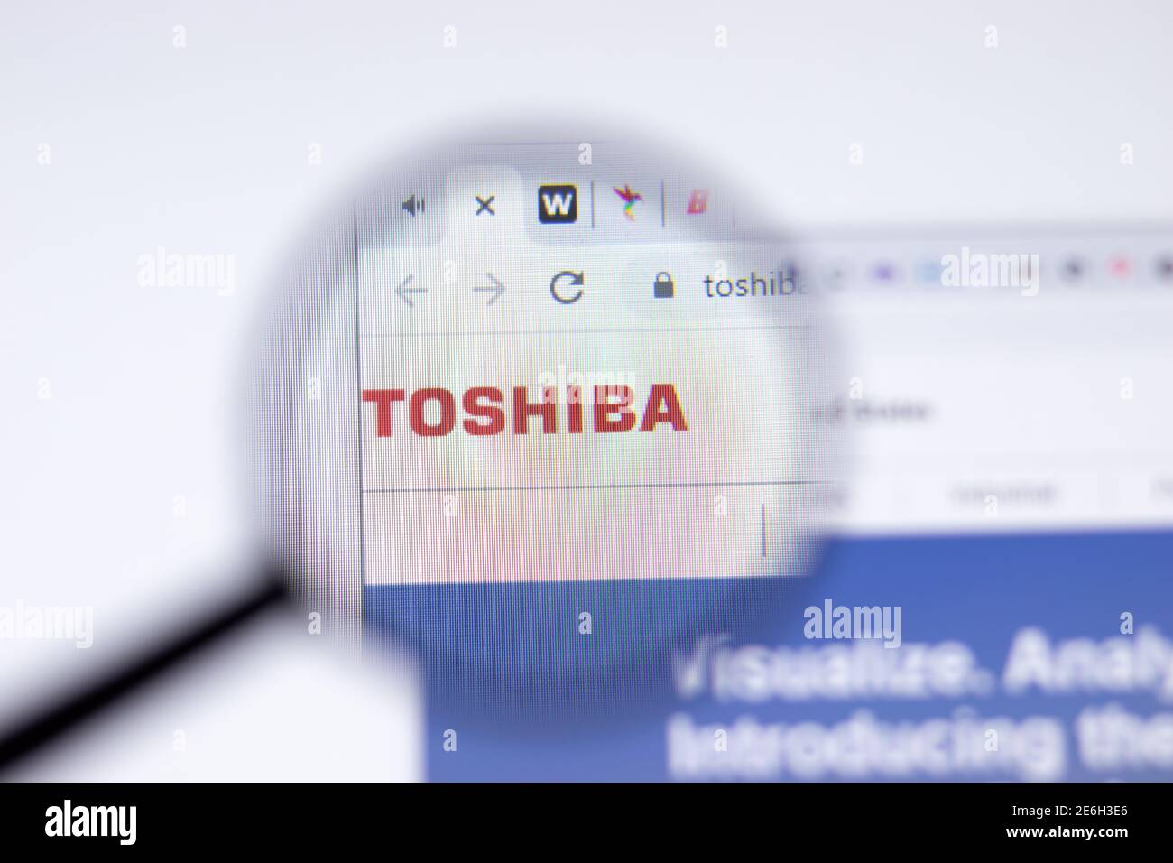 Saint Petersburg, Russia - 28 January 2021: Toshiba website page with logo close-up, Illustrative Editorial Stock Photo