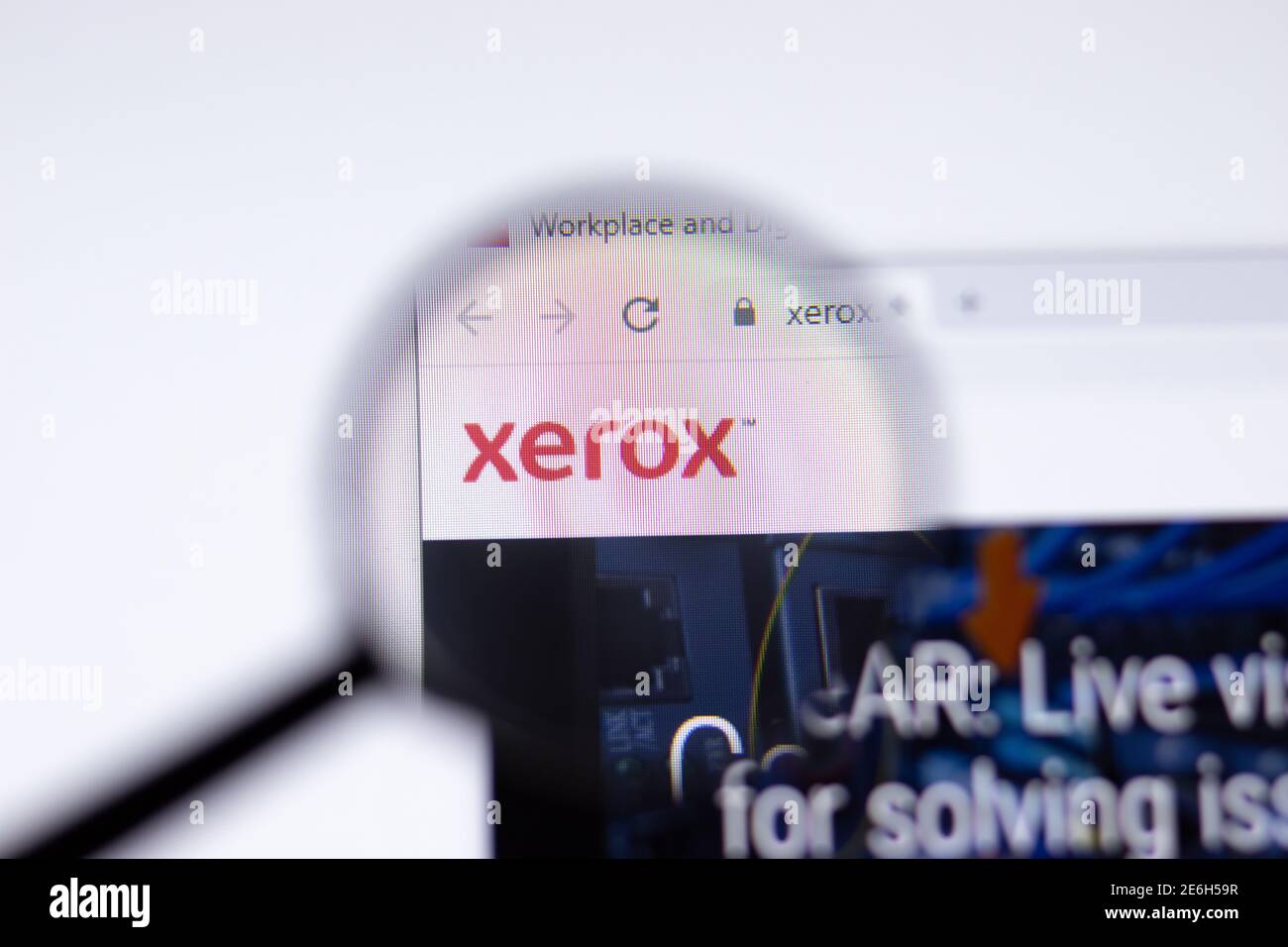 Saint Petersburg, Russia - 28 January 2021: Xerox website page with logo close-up, Illustrative Editorial Stock Photo