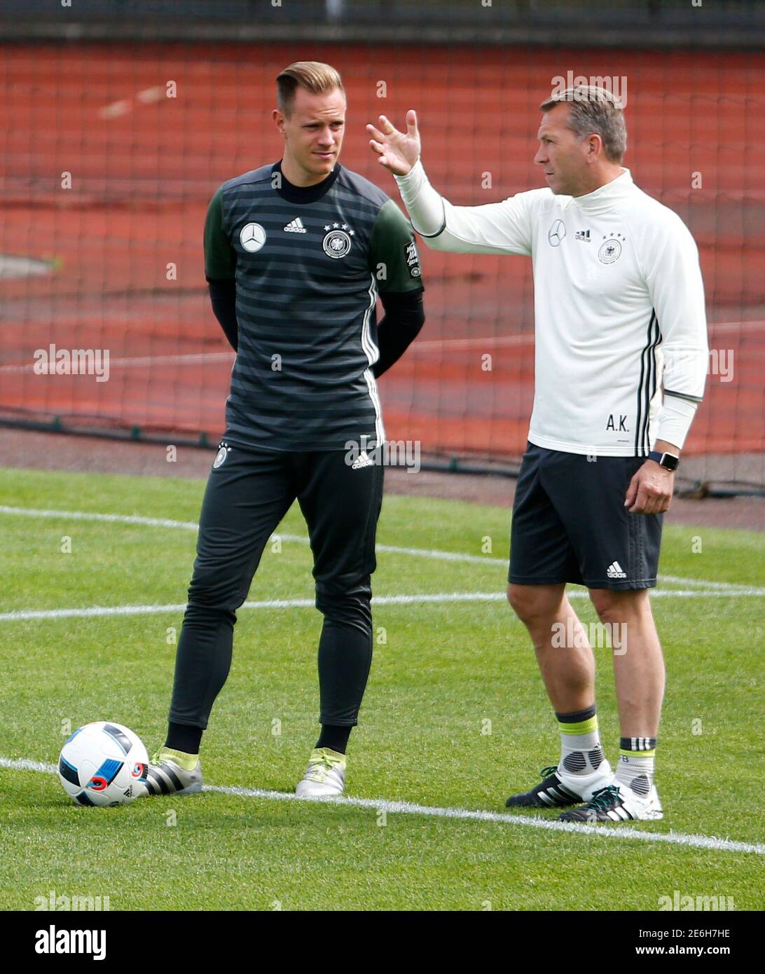 Football Soccer Euro16 Germany Training Stade Camille Fournier Evian Les Bains 08 6 16 Germany S Goalkeeper Marc Andre Ter Stegen Talks With Goalkeeping Coach Andreas Koepke Reuters Denis Balibouse Stock Photo Alamy