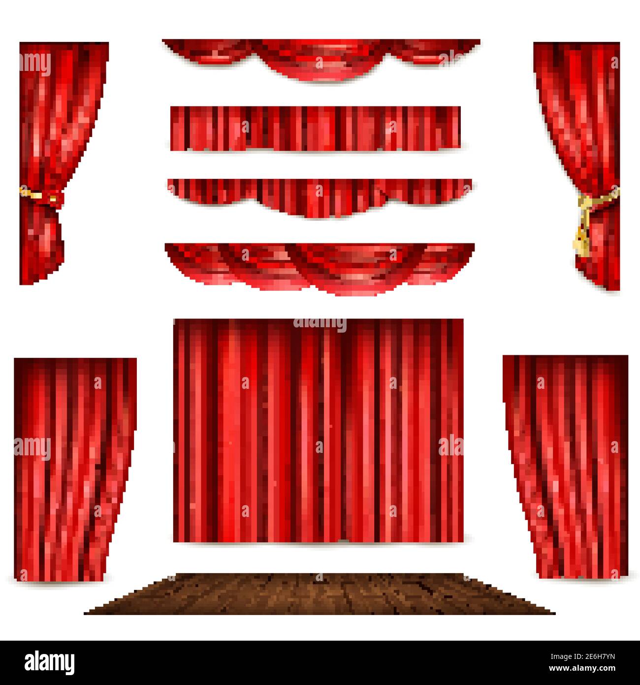 Red theatre curtain in different shape and wooden stage realistic isolated vector illustration Stock Vector