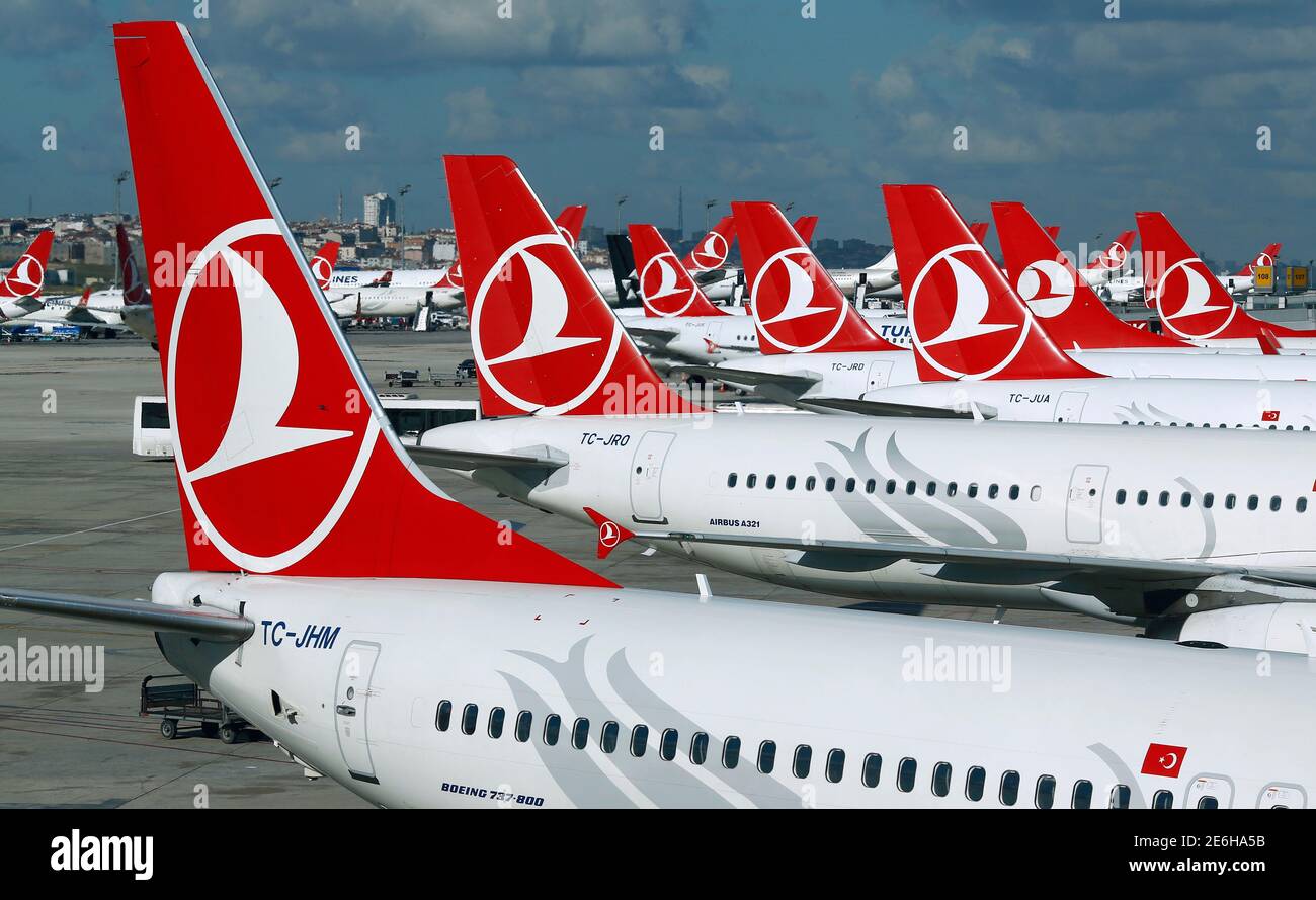 Turkish Airlines aircrafts are parked at the Ataturk International airport  in Istanbul, Turkey December 3, 2015. Turkish Airlines, Europe's fourth  biggest carrier, said the number of its passengers rose 8.1 year-on-year in