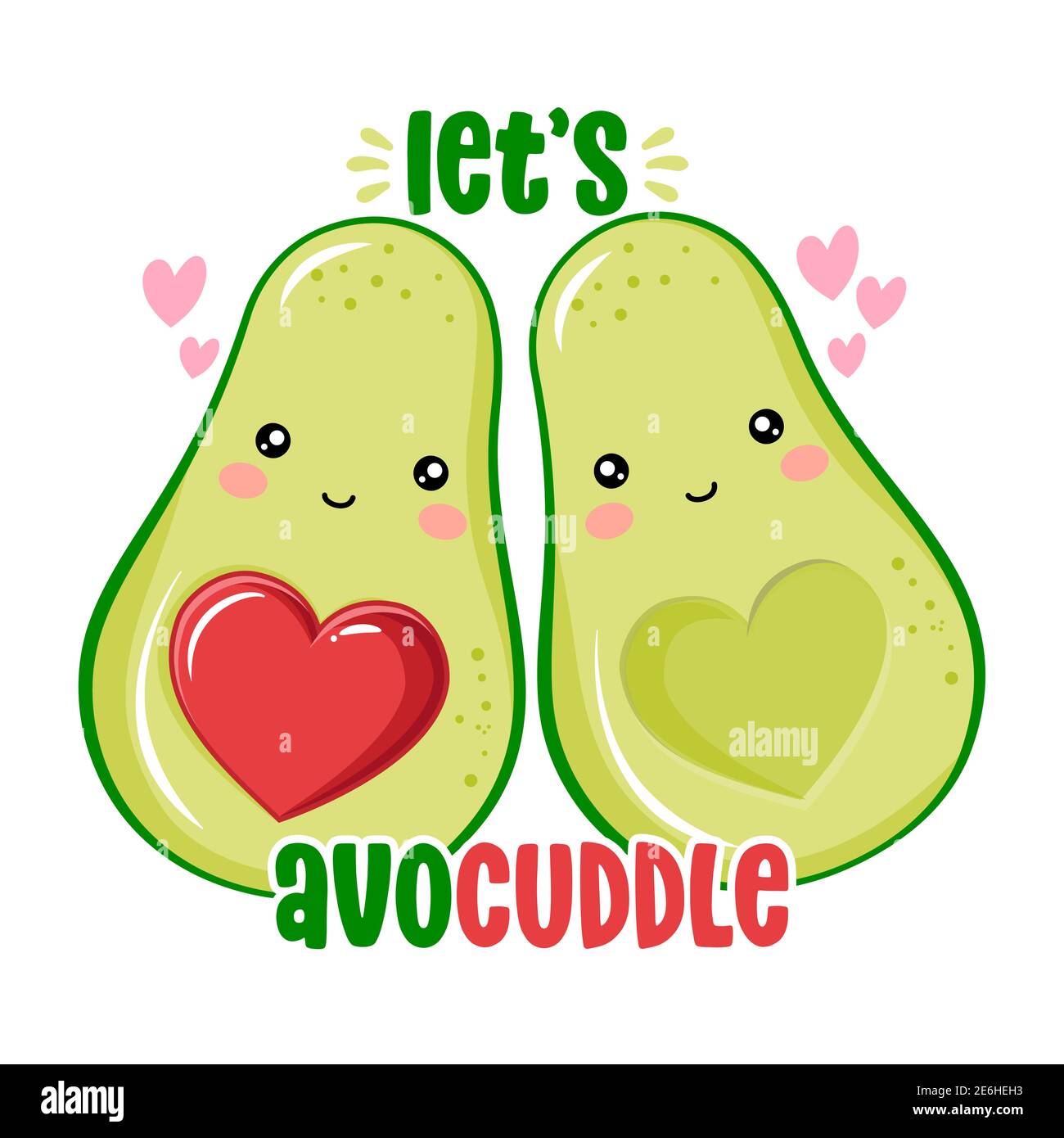 Let\'s Avo Cuddle - Cute style. poster. - color greeting hand Vector drawn Stock Art Valentine\'s posters, Good Alamy Day banners cards, kawaii couple for illustration avocado & Image