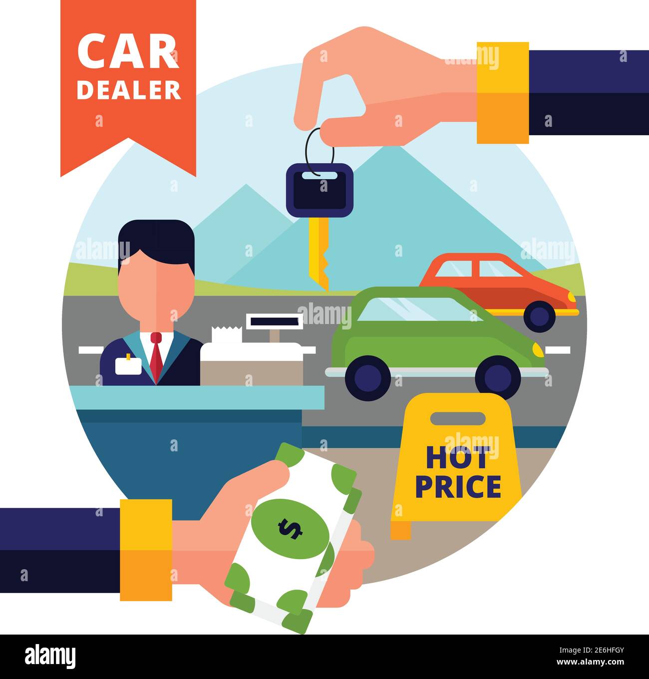 Buying car design concept set with car dealer cash key in hand and