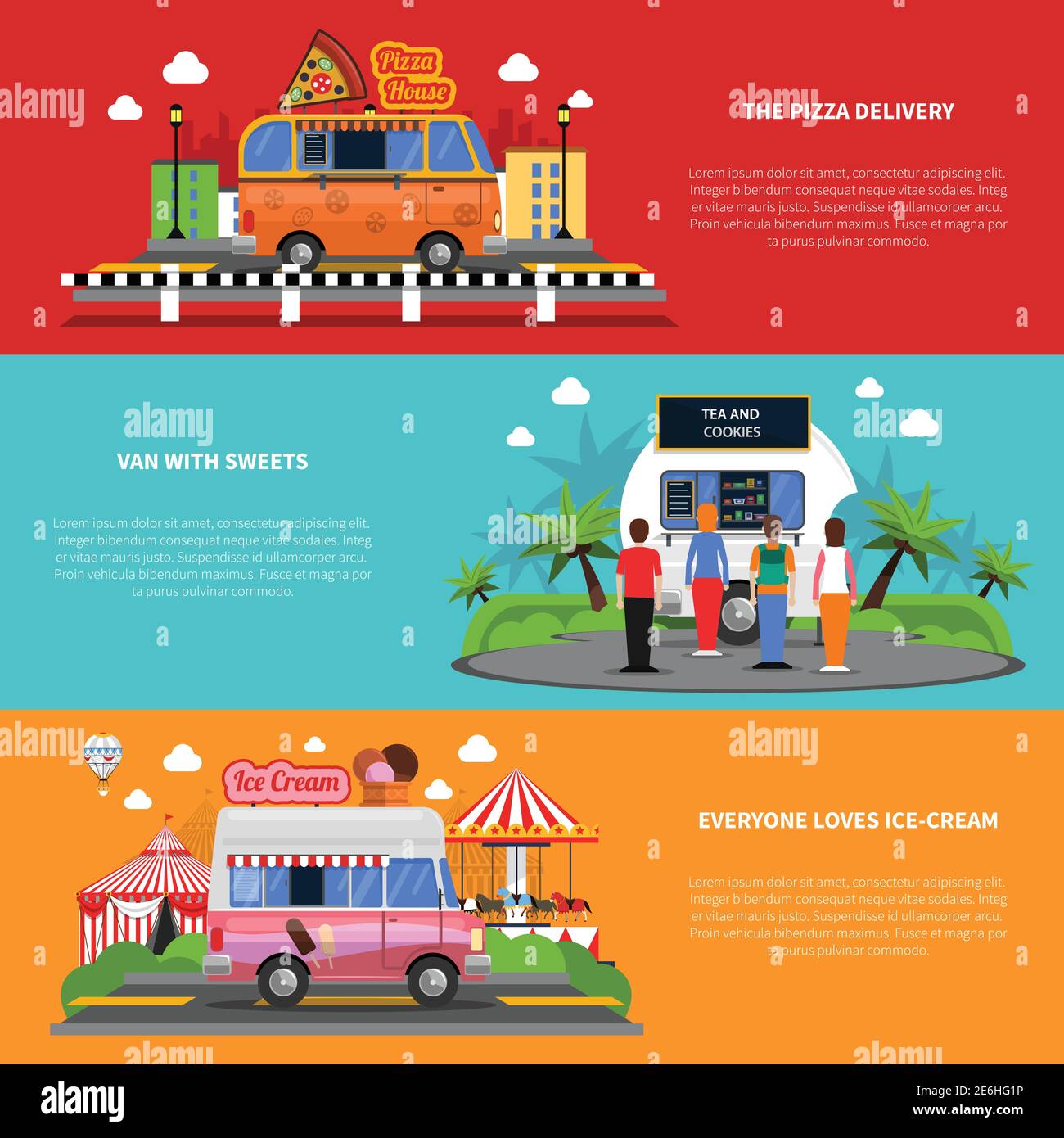 Street food horizontal banners set with pizza delivery van with sweets ...