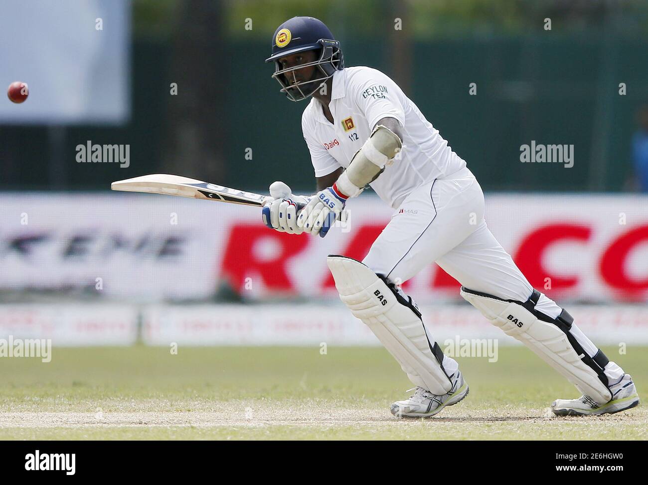 Sri Lanka's captain Angelo Mathews plays a shot during the third day of their second test cricket match against India in Colombo August 22, 2015. REUTERS/Dinuka Liyanawatte Stock Photo
