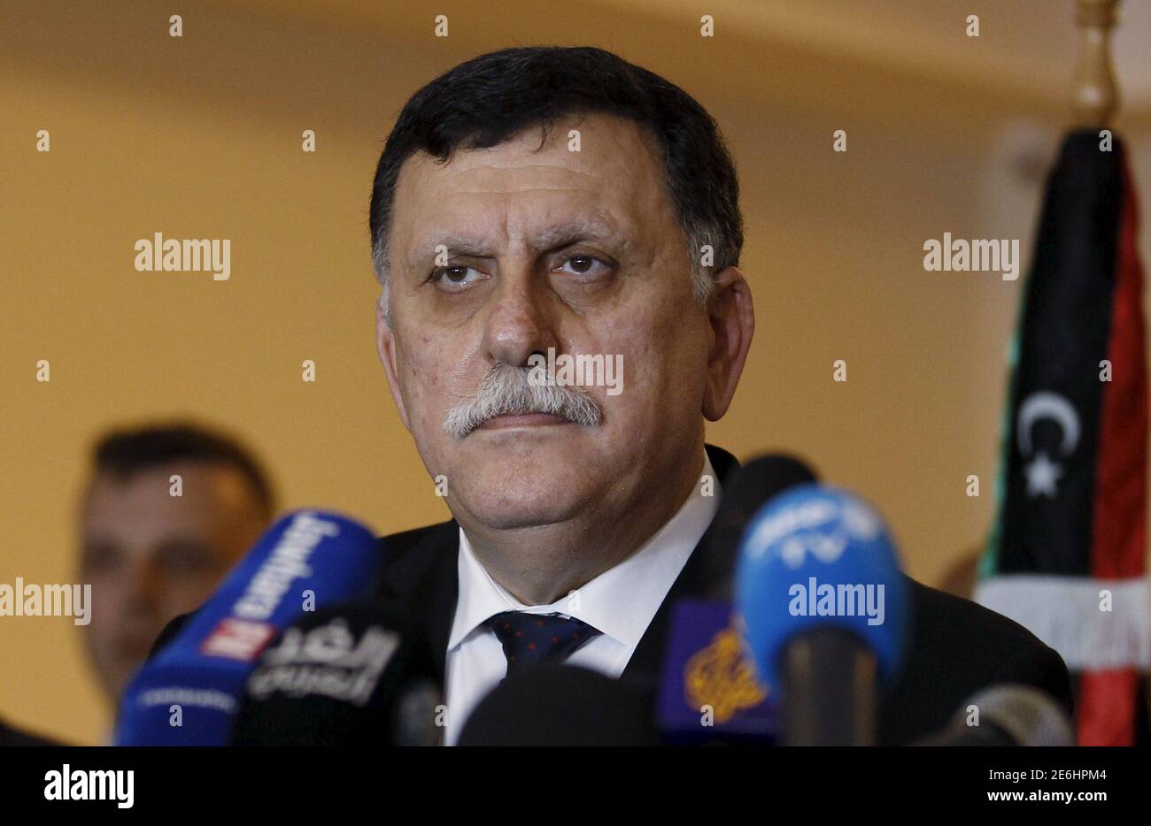 Libyan prime minister-designate under a proposed National Unity government Fayez Seraj attends a joint news conference with European Union foreign policy chief Federica Mogherini in Tunis, Tunisia January 8, 2016.  REUTERS/Zoubeir Souissi Stock Photo
