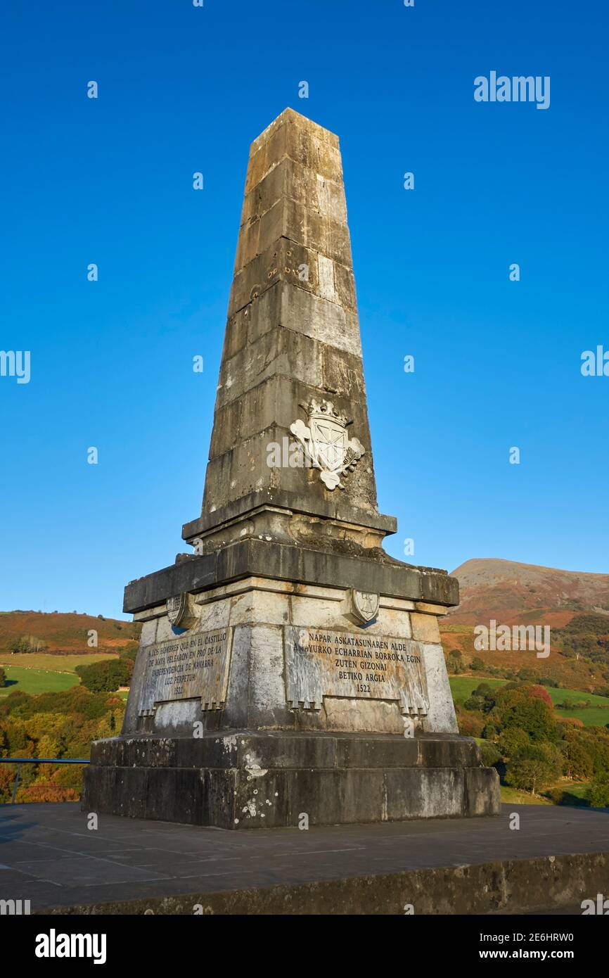 Monolith of Amaiur in memory of the battle of 1522 in which the King of Navarre lost the independence of the old kingdom. Navarra. Spain. Stock Photo