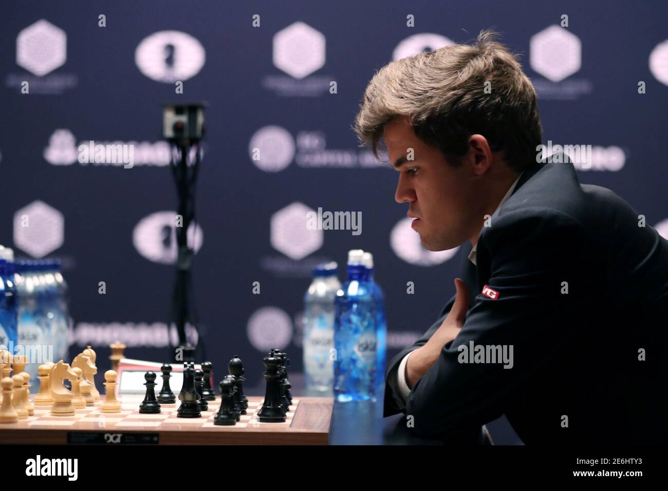 Current World Chess Champion Magnus Carlsen of Norway, looks at the state  of the board after a move from Sergey Karjakin of Russia, during the first  game of their rapid chess tie-breaker