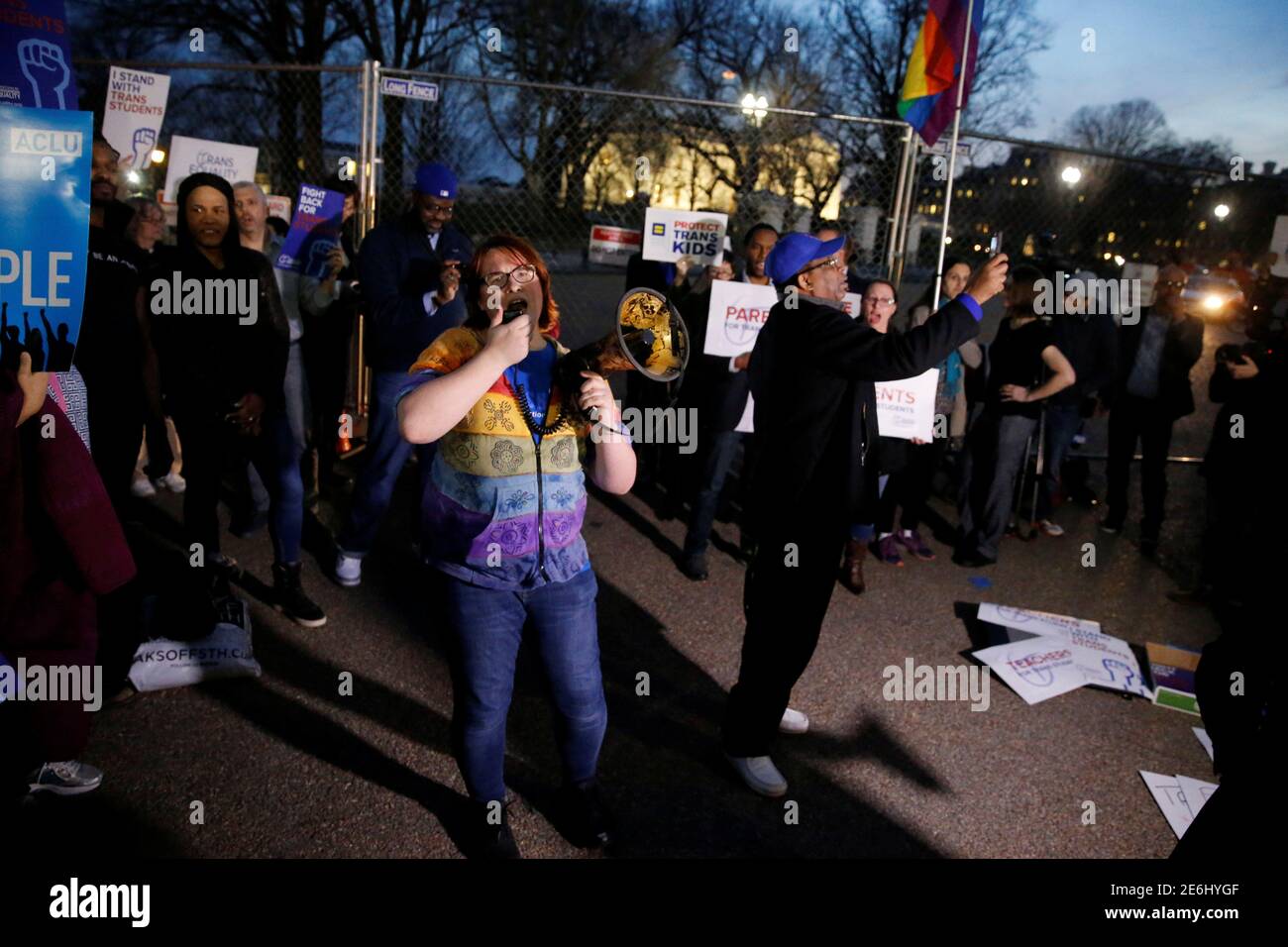 Transgender activists and supporters protest potential changes by the Trump administration in federal guidelines issued to public schools in defense of transgender student rights, near the White House in Washington, U.S. February 22, 2017. REUTERS/Jonathan Ernst Stock Photo