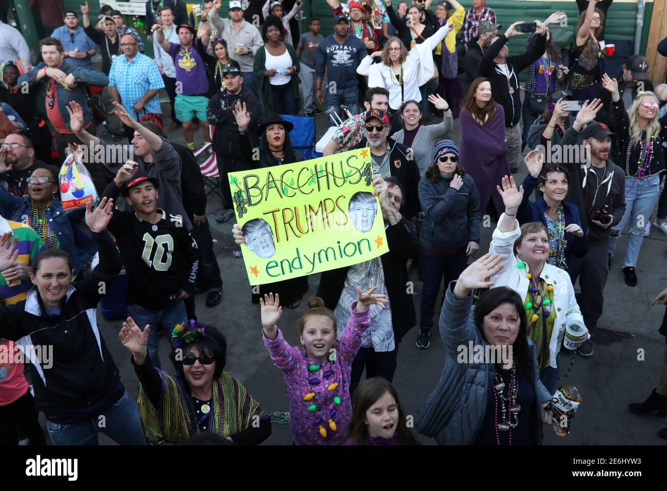 People watch as floats make their way during the Bacchus parade at Mardi Gras in New Orleans, Louisiana U.S., February 26, 2017. REUTERS/Shannon Stapleton Stock Photo