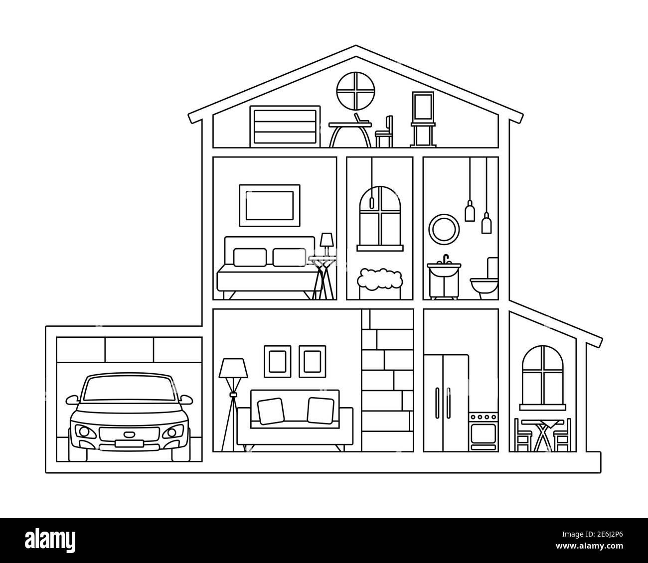 Illustration for coloring book - Cross section of cottage house with furniture, attic and car in garage. Inside paper house - contour black and white Stock Vector