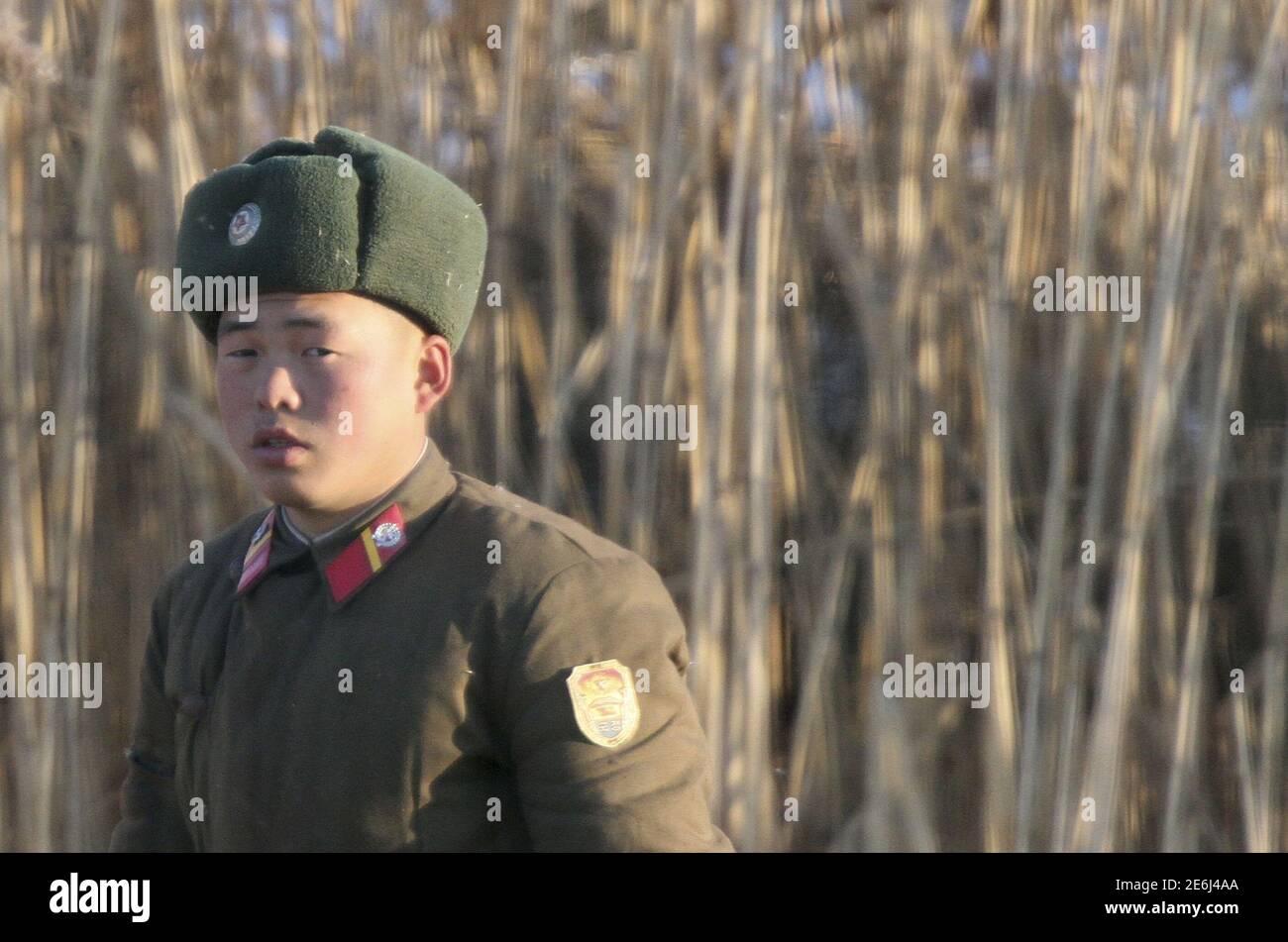 A soldier looks on as he works on Hwanggumpyong Island, located in the middle of the Yalu River, near the North Korean town of Sinuiju, opposite the Chinese border city of Dandong, January 6, 2016. REUTERS/Jacky Chen Stock Photo