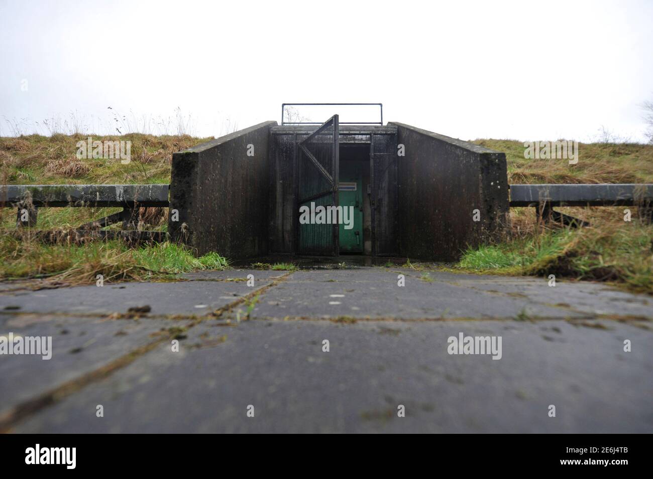 A path leads to the entrance of a former Regional Government HQ Nuclear bunker built by the British government during the Cold War which  has come up for sale in Ballymena, Northern Ireland on February 4, 2016. It is owned by the Office of Northern Ireland's First Minister and Deputy First Minister and capable of accommodating 236 personnel for extended periods. A large range of the original fixtures and fittings are to be included in the sale. It is believed to be one of the most technically advanced bunkers built in the UK with an array of advanced life support systems. In the event of a nuc Stock Photo