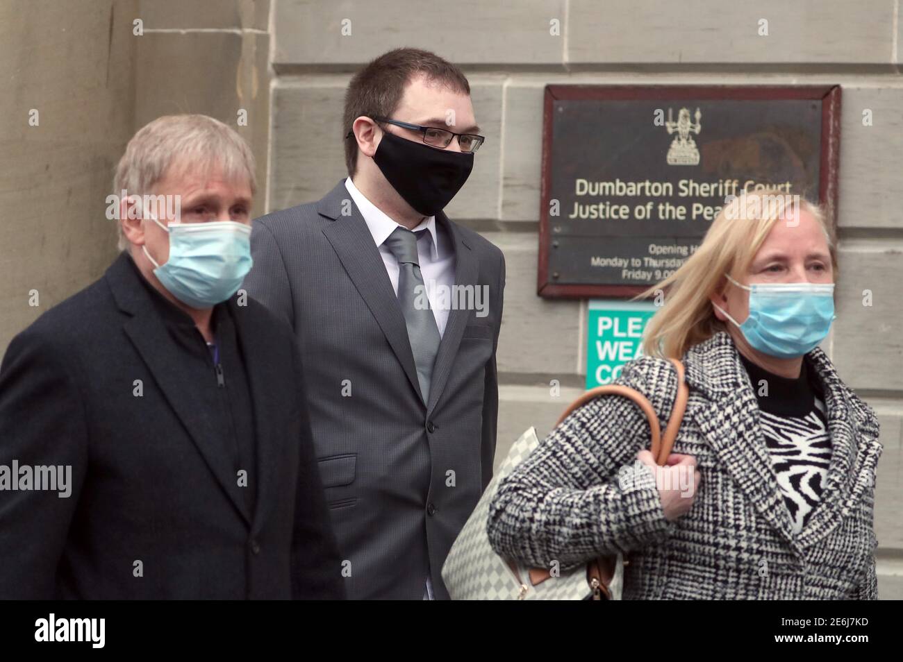 Christopher O'Malley (centre) leaving Dumbarton Sheriff Court after he
