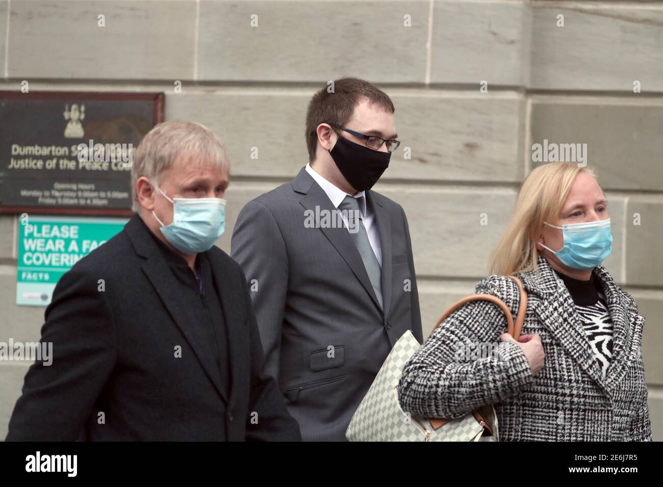 Christopher O'Malley (centre) leaving Dumbarton Sheriff Court after he