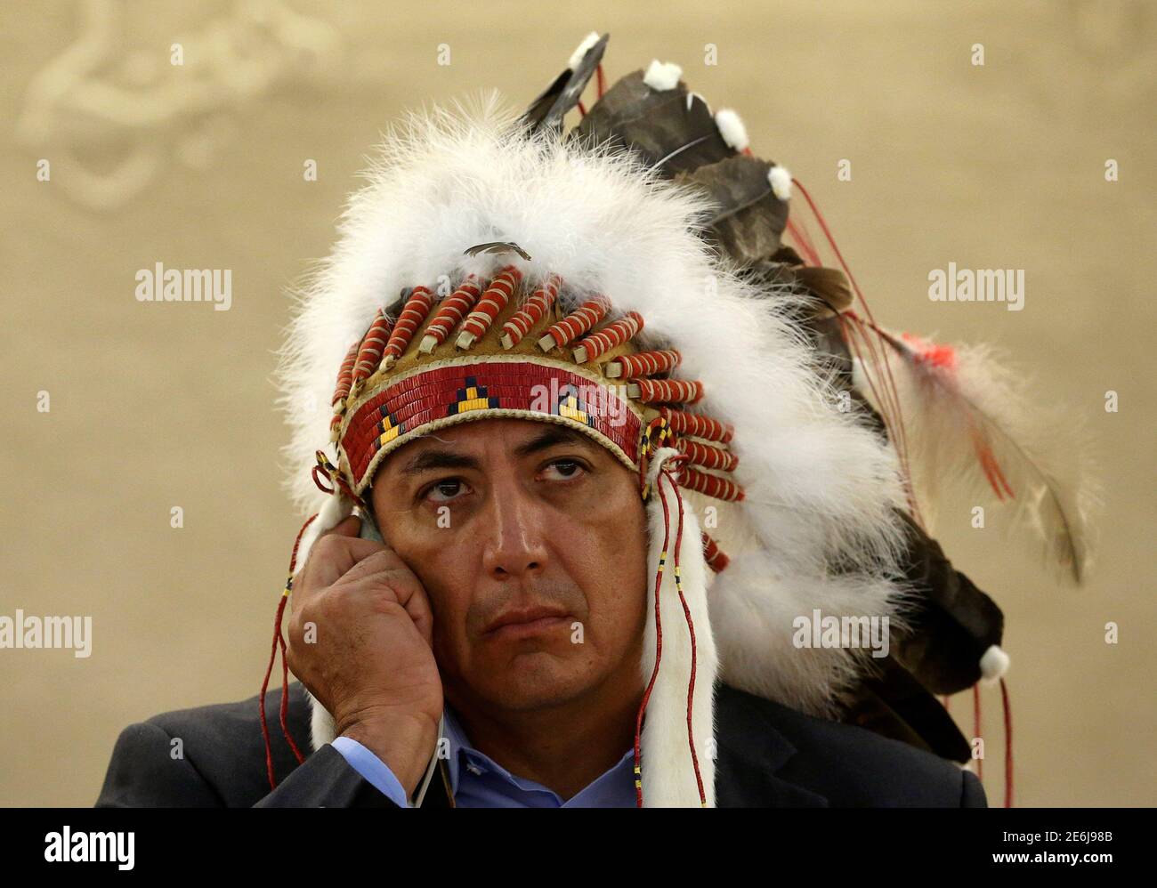 Dave Archambault II, chairman of the Standing Rock Sioux tribe, waits to give his speech against the Energy Transfer Partners' Dakota Access oil pipeline during the Human Rights Council at the United Nations in Geneva, Switzerland September 20, 2016. REUTERS/Denis Balibouse Stock Photo