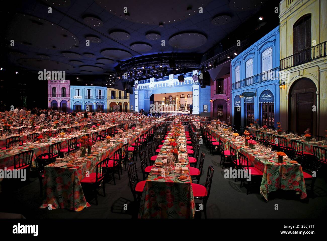 A general view of the table decorations in the "Salle Des Etoiles" (Stars  Room) at the Monte Carlo Sporting is seen during the Bal de la Rose event  in Monaco March 19,