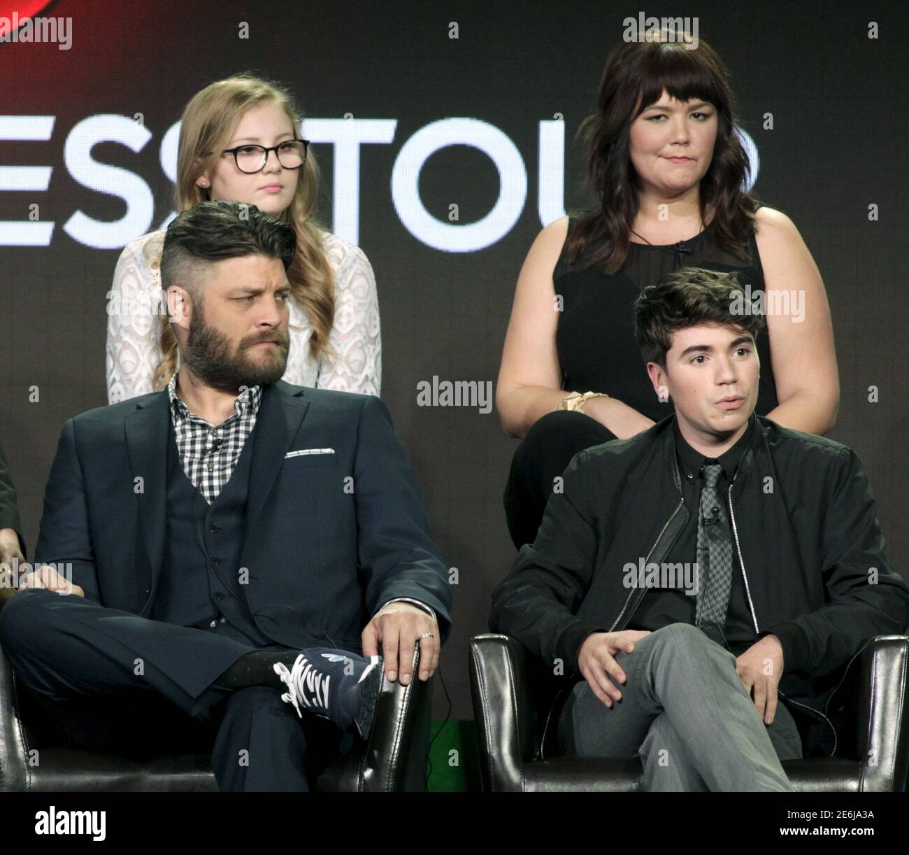 Cast Members Front L R Jay R Ferguson Noah Galvin With Back L R Bebe Wood And Mary Hollis Inboden Participate In A Panel Discussion For The Disney Abc Series The Real O Neals During