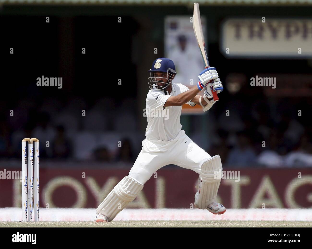 India's Ajinkya Rahane watches his shot during the fourth day of their second test cricket match against Sri Lanka in Colombo August 23, 2015. REUTERS/Dinuka Liyanawatte Stock Photo