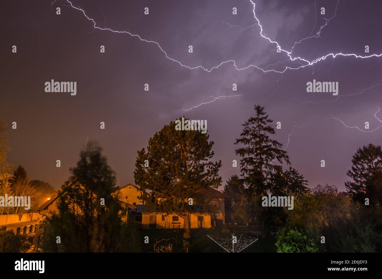 beautiful bright lightning with thunderstorms in the night Stock Photo